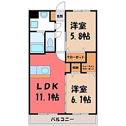 東武宇都宮線 東武宇都宮駅 4.4kmの賃貸マンション 2階2LDKの間取り