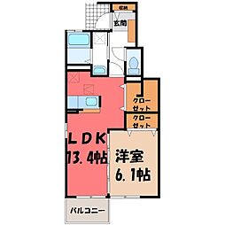 JR日光線 鹿沼駅 徒歩20分の賃貸アパート 1階1LDKの間取り