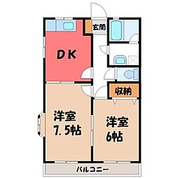 東武宇都宮線 東武宇都宮駅 徒歩21分の賃貸マンション 3階2DKの間取り