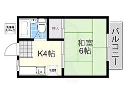葵ハイツ3 1階1Kの間取り