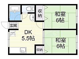 シャトル石山A棟 1階2DKの間取り