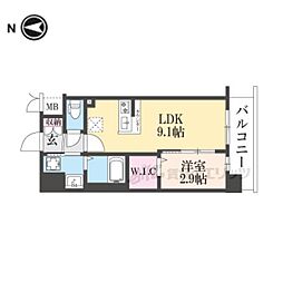 京都市営烏丸線 十条駅 徒歩4分の賃貸マンション 2階1LDKの間取り