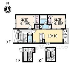 近鉄京都線 大久保駅 徒歩33分の賃貸アパート 3階2LDKの間取り