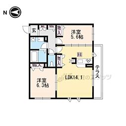 JR東海道・山陽本線 山科駅 徒歩20分の賃貸アパート 1階2LDKの間取り
