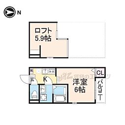 JR東海道・山陽本線 山科駅 徒歩9分の賃貸アパート 2階ワンルームの間取り
