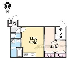 グランツ東福寺 1階1LDKの間取り