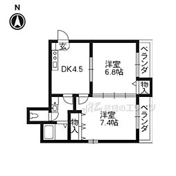 JR山陰本線 丹波口駅 徒歩19分の賃貸マンション 2階2DKの間取り