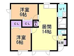 ハピネス三輪4号棟 1階2LDKの間取り
