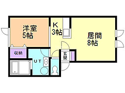 ユニバーサルハイツ 2階1LDKの間取り