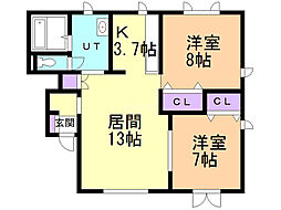 Ｍ・ルモンドIII 1階2LDKの間取り