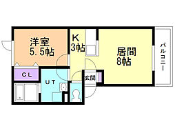 コーポ日研B棟 1LDKの間取図画像