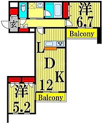 日暮里舎人ライナー 熊野前駅 徒歩3分の賃貸マンション 4階2LDKの間取り