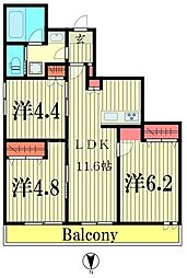 東京メトロ千代田線 北綾瀬駅 徒歩8分の賃貸マンション 2階3LDKの間取り