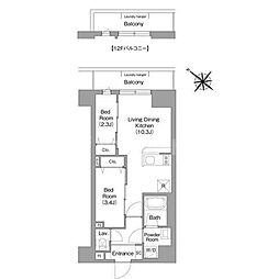 東京メトロ有楽町線 豊洲駅 徒歩14分の賃貸マンション 10階2LDKの間取り