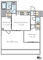 JR総武線 両国駅 徒歩6分の賃貸マンション 13階2DKの間取り
