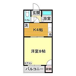 アモール新垢田II 2階1Kの間取り