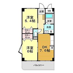 サニーカーサＢ 2階2DKの間取り