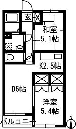 KCC六供 2LDKの間取図画像