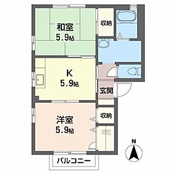 サニーハイツ・サチE 2階2Kの間取り