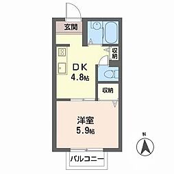 ヴィラ・かしの木II 2階1DKの間取り