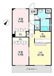 グランデール湯原 2LDKの間取図画像