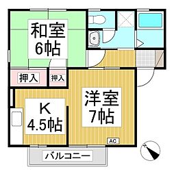 セジュールS・なかむら　A棟 2階2Kの間取り