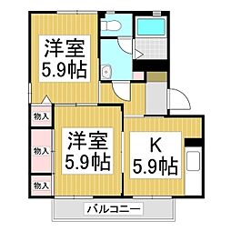 フレグランスあかざわA 2DKの間取図画像