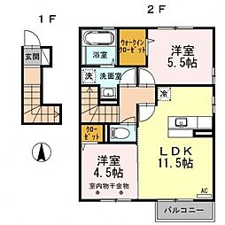シャンボールB棟 2階2LDKの間取り