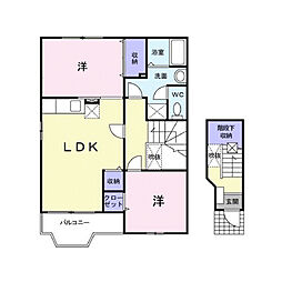 中土井ハイツ 2階2LDKの間取り