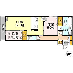 D-residence東手城 202号室 2階2LDKの間取り