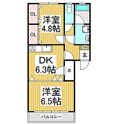 ヴィラ花みずき 3階2DKの間取り