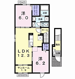 ハーベスト・ヤマ 2階2LDKの間取り