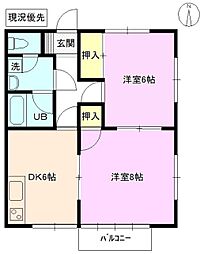 サンライフ古里 2階2DKの間取り