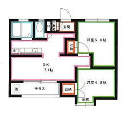グリーンウェーブ北の台 2DKの間取図画像
