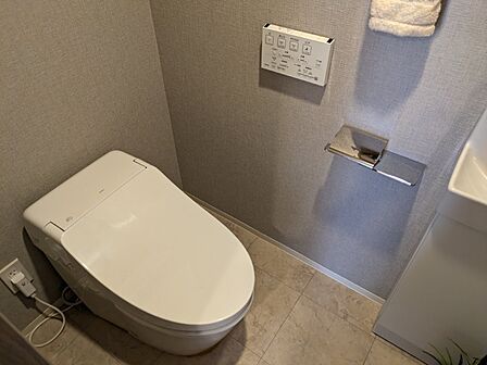 清潔で快適な温水洗浄機能付トイレです。シンプルで使い勝手がよく、お掃除も楽チンです。 