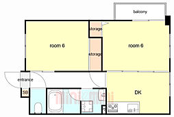 阪急神戸本線 園田駅 徒歩10分の賃貸マンション 2階2DKの間取り