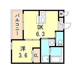 神戸高速東西線 大開駅 徒歩5分の賃貸マンション 2階1DKの間取り