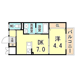 グランメール芦屋南宮町 1DKの間取図画像
