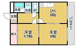 マリンコート川西 2DKの間取図画像