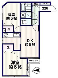 カーサ・デ・セビーア弥生 2階2DKの間取り