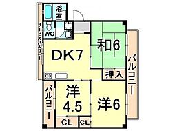 安田コーポ 2階3DKの間取り