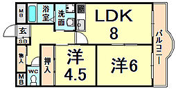 リアライズ立花 4階2LDKの間取り