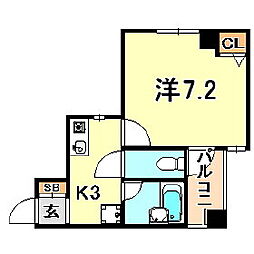 ヴィラ神戸 4階1Kの間取り