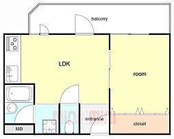 花隈ダイヤハイツ 11階1LDKの間取り