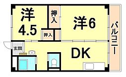 ビレッジハウス南清水タワー1号棟 9階2DKの間取り