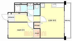 ビレッジハウス南清水タワー西棟 1LDKの間取図画像