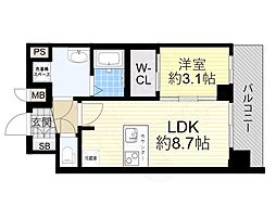 プレサンス天王寺ヴィヴァン 9階1LDKの間取り