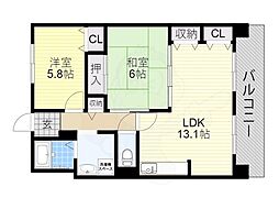 コーシャハイツ相生2号棟 2LDKの間取図画像