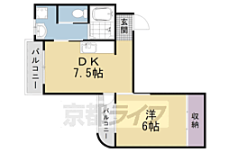 フレーヴァー北山 1DKの間取図画像