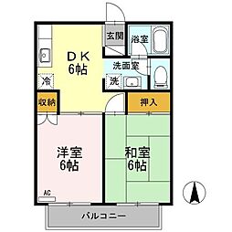 スカイハイム 2階2DKの間取り